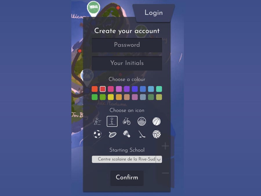 Grouillons-Nous! account creation screen with colour and icon pickers